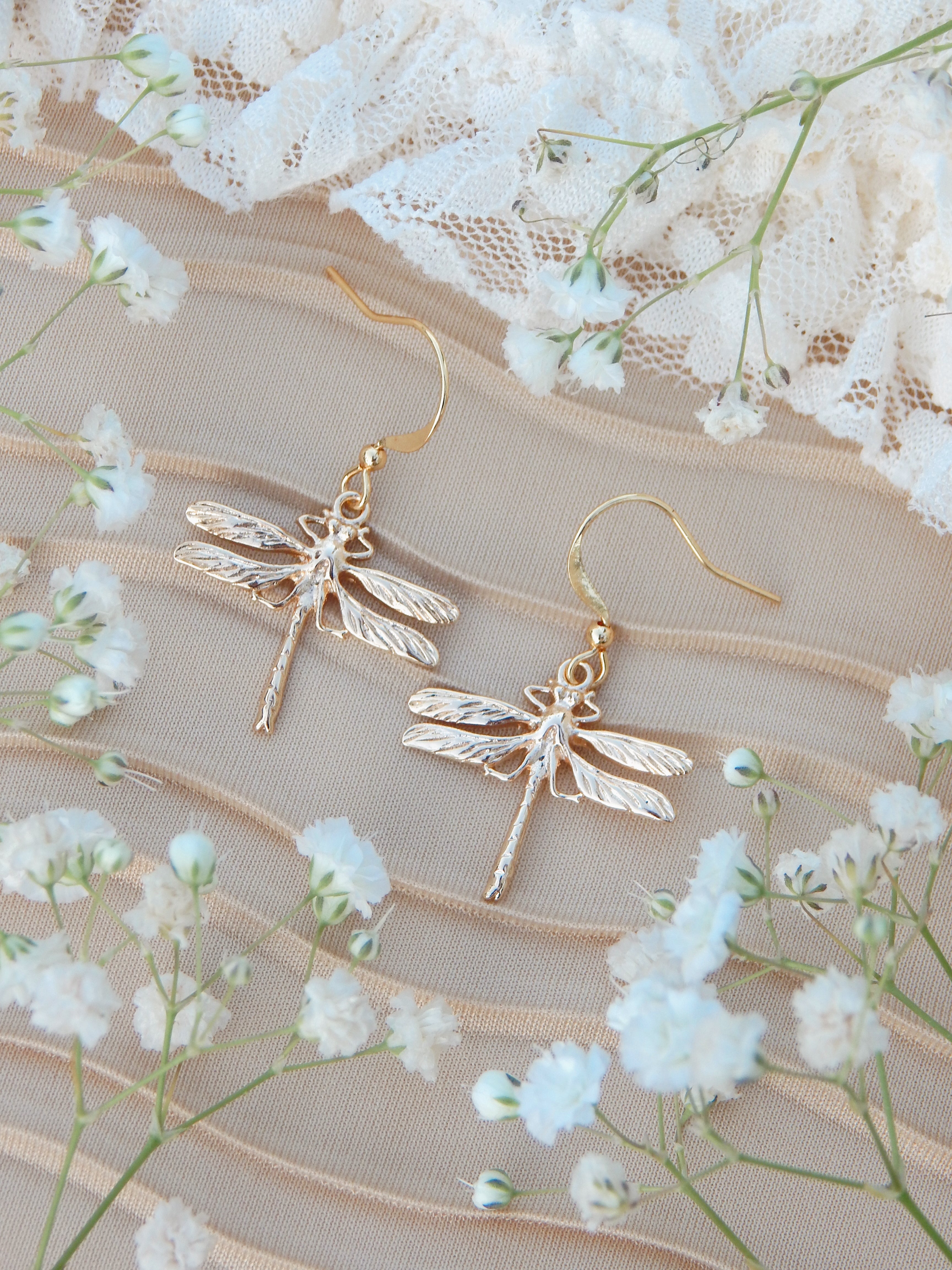 Gold Dragonfly Dangle Earrings – Boho Hippie Nature Jewelry