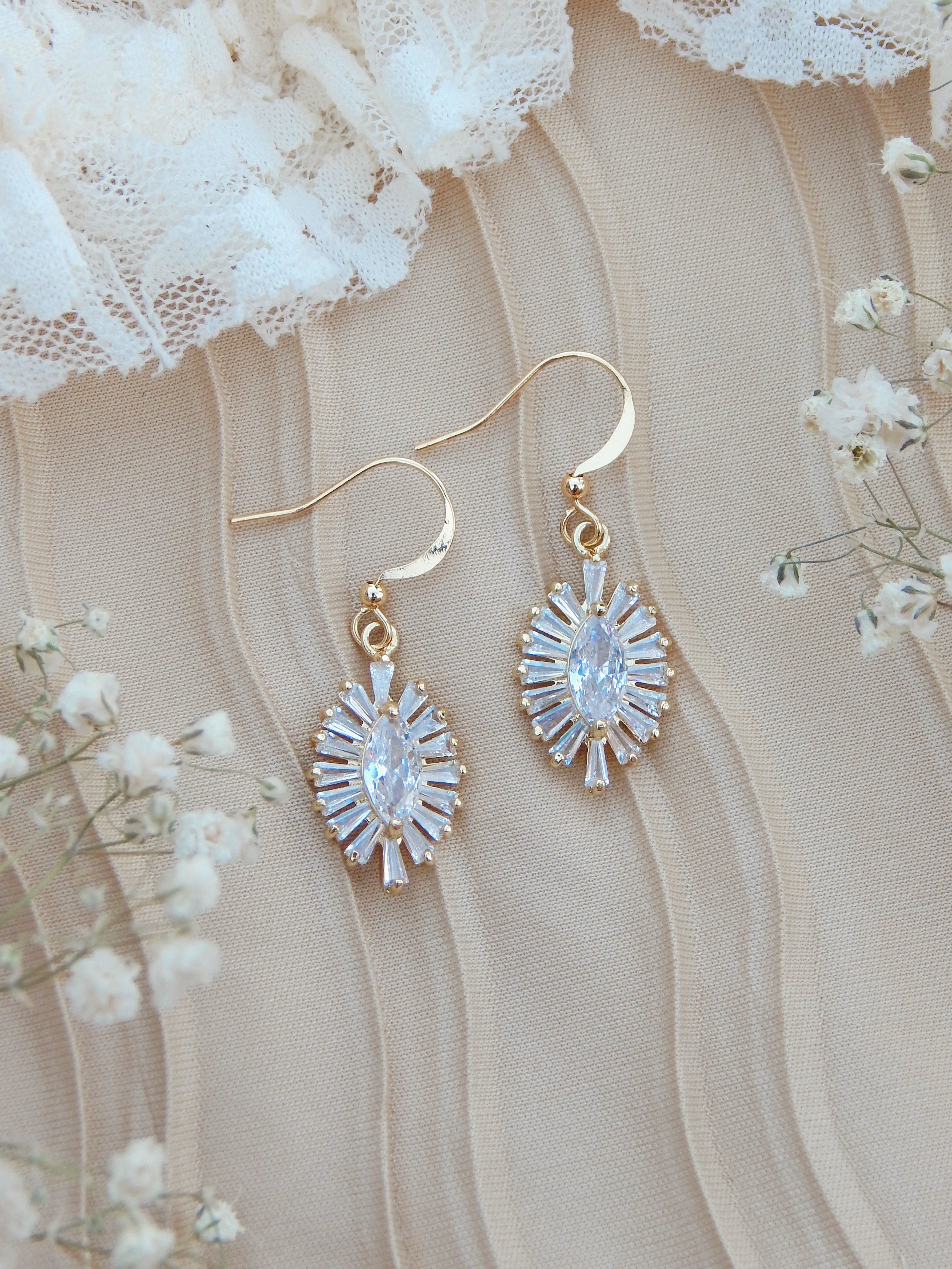 Ophelia Earrings – Gold Elongated Sunburst Drop Earrings with Cubic Zirconia