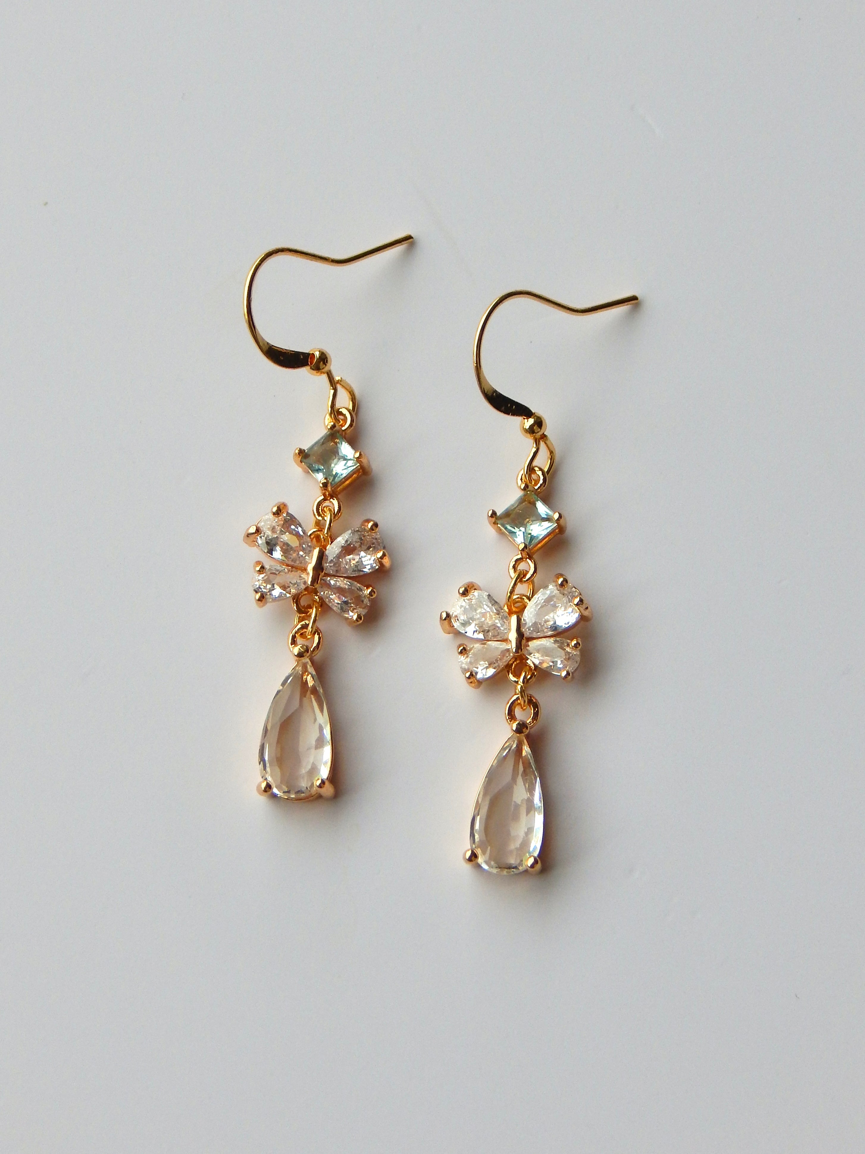 Blue Butterfly Drop Earrings – Light Blue Crystal & Gold Butterfly Dangles