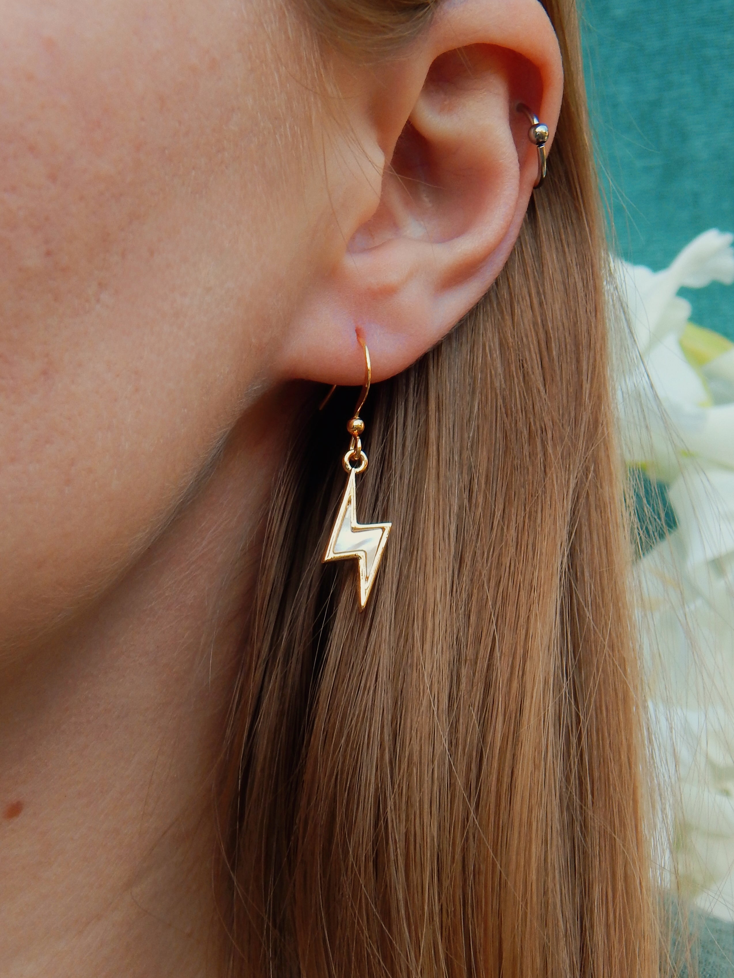 Bolt Earrings – Gold or Silver Lightning Drop Charm Dangles with Mother of Pearl