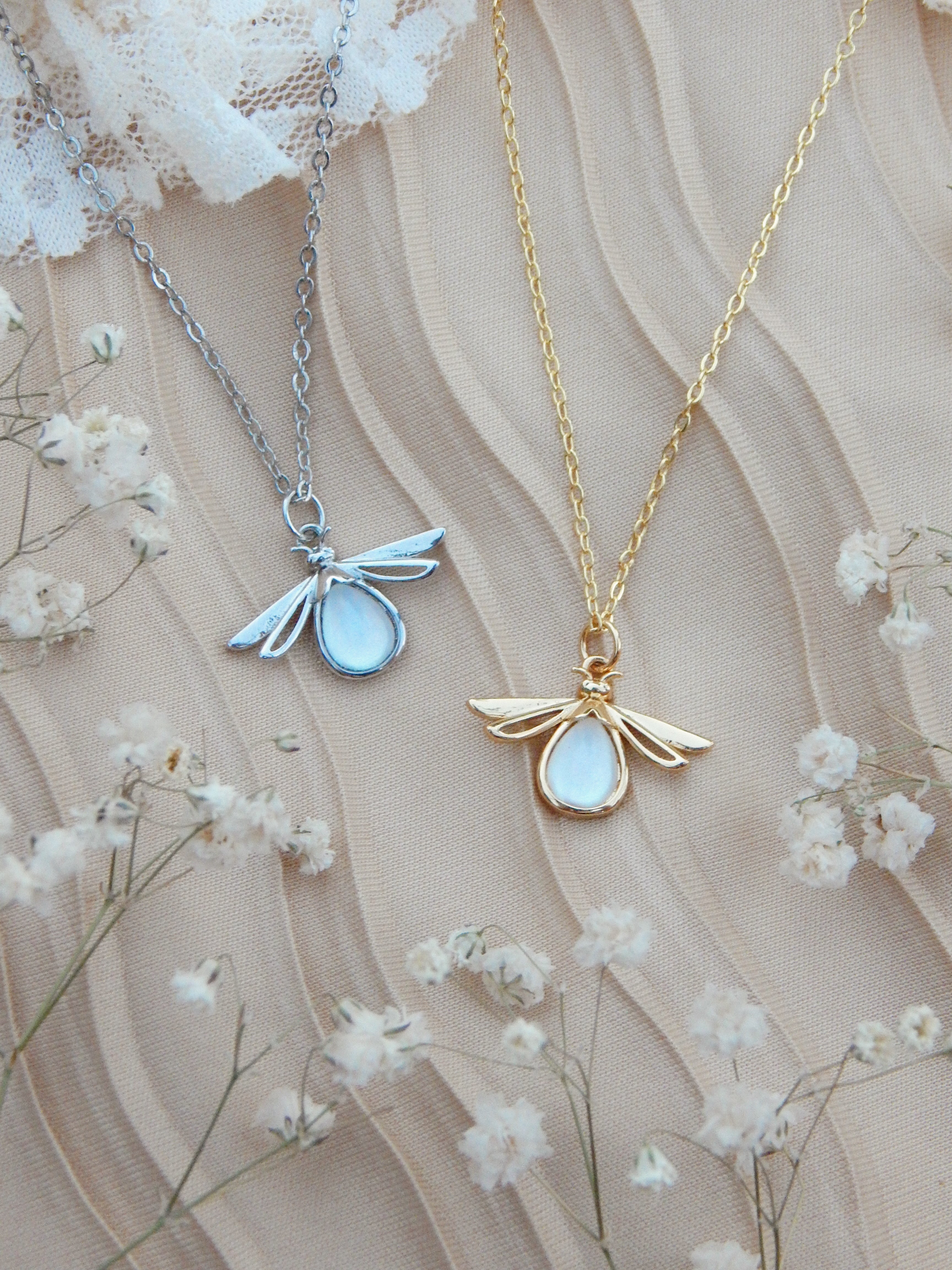 Firefly Glow Necklace – Gold or Silver | Iridescent Pendant, Adjustable 18–20” Chain