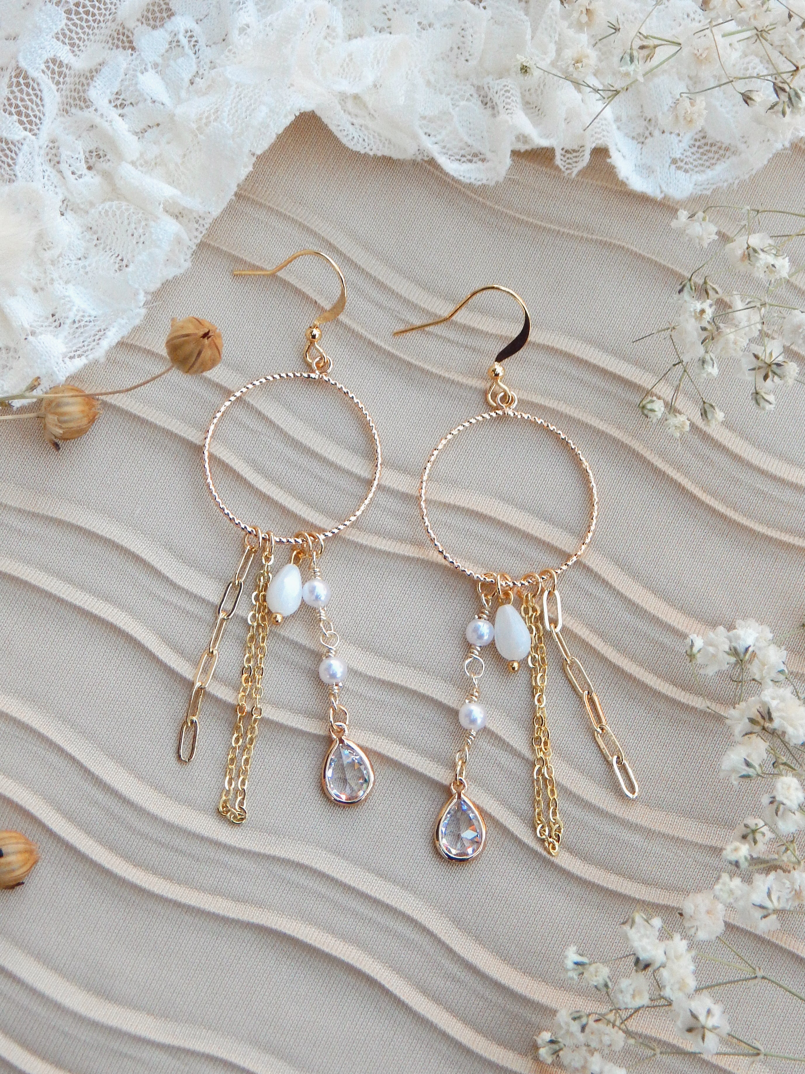 One of a Kind Boho Earrings – Repurposed Gold Chain, Pearls & Crystal Drops | Sustainable Handmade Dangles