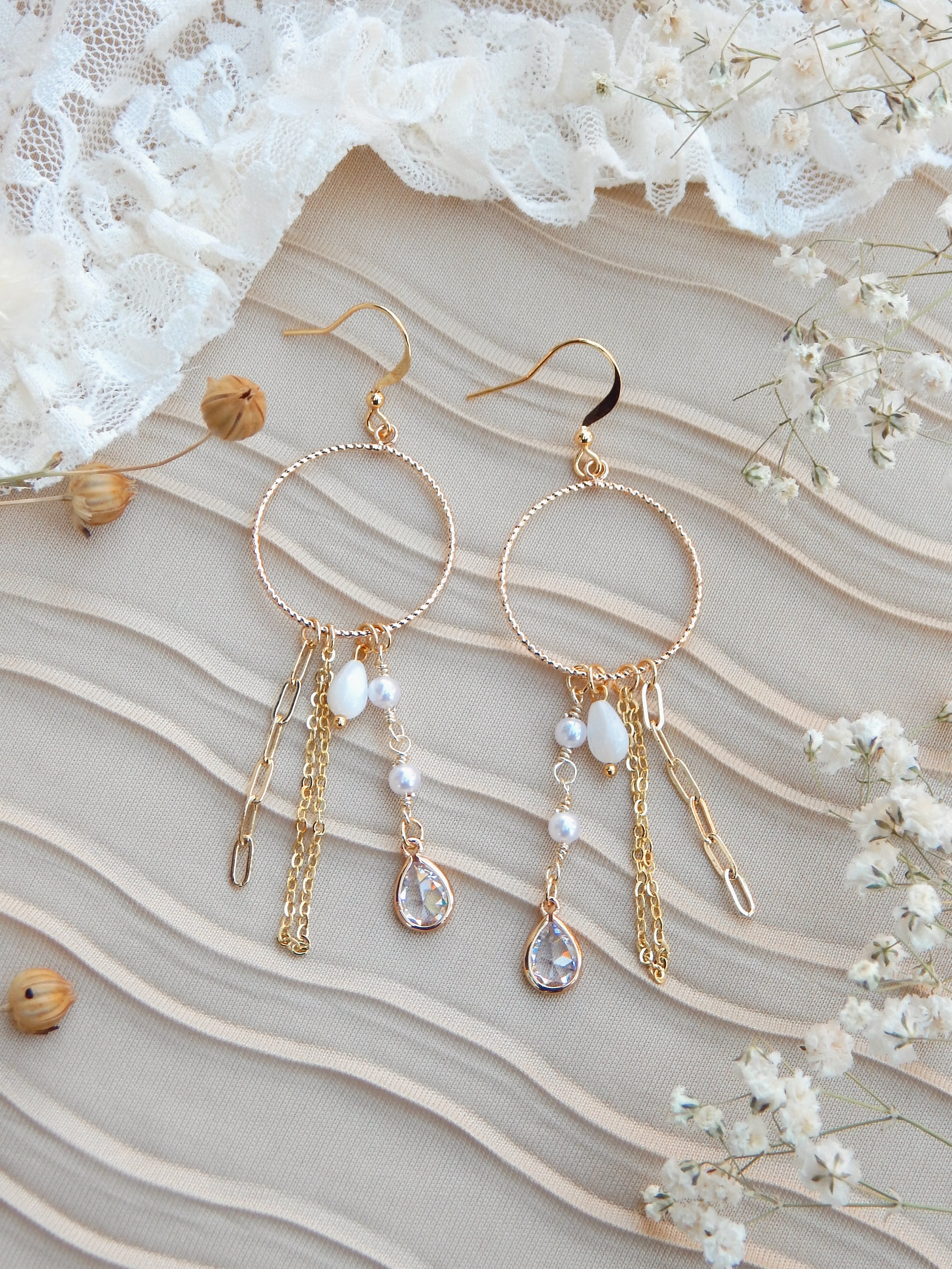 One of a Kind Boho Earrings – Repurposed Gold Chain, Pearls & Crystal Drops | Sustainable Handmade Dangles