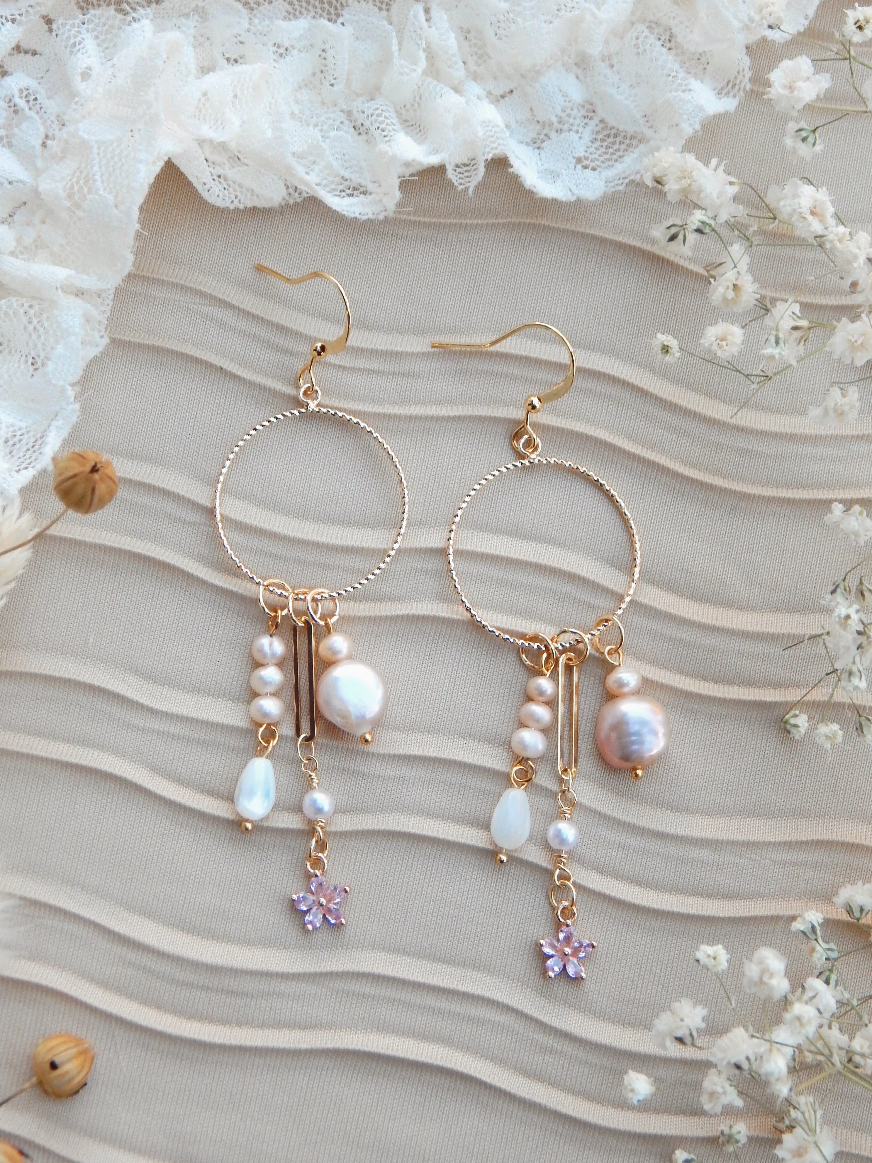 Repurposed Boho Dangle Earrings – Pink Pearl, Gold Bar & Flower Charm | One of a Kind Handmade Statement