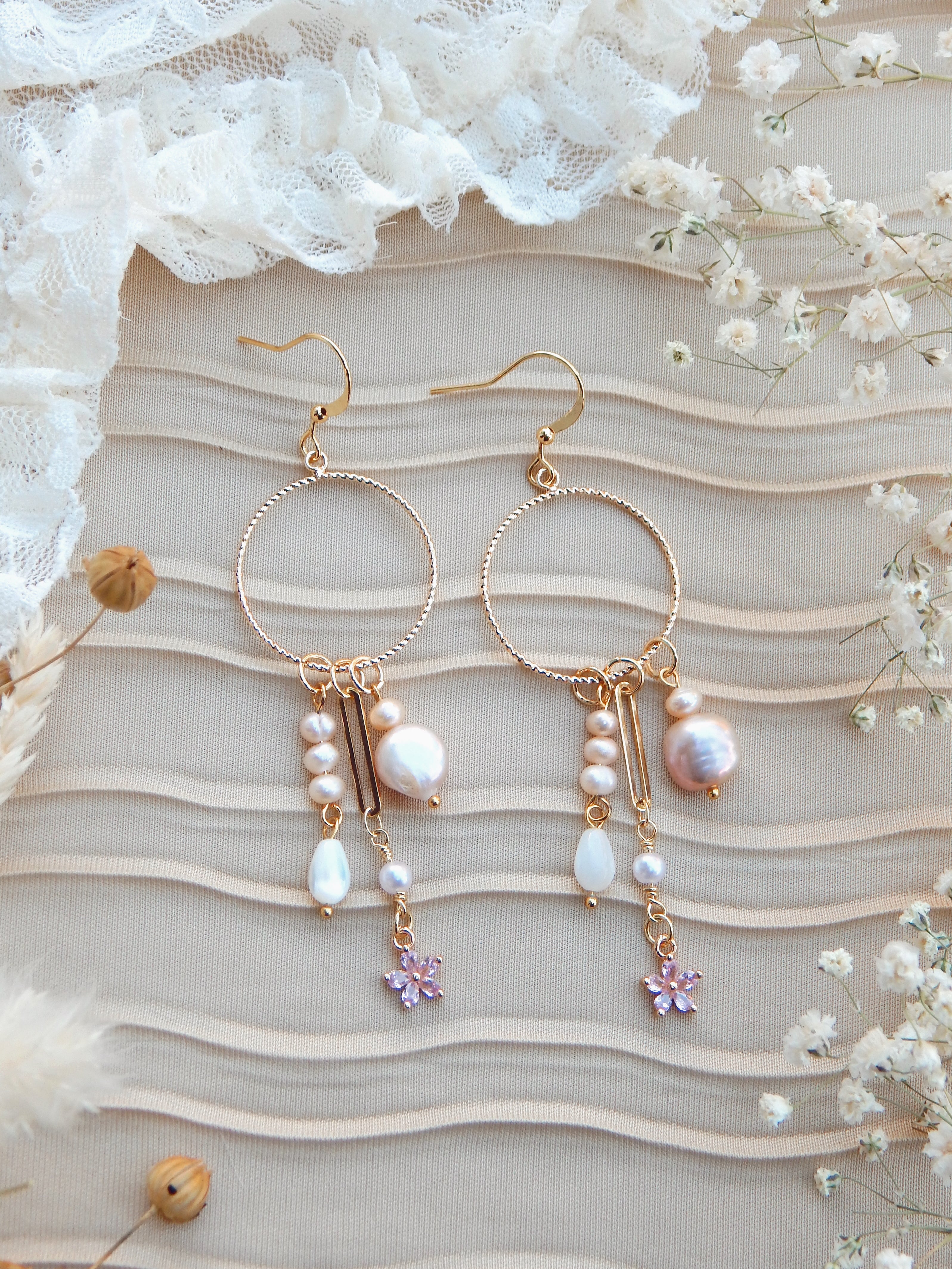 Repurposed Boho Dangle Earrings – Pink Pearl, Gold Bar & Flower Charm | One of a Kind Handmade Statement
