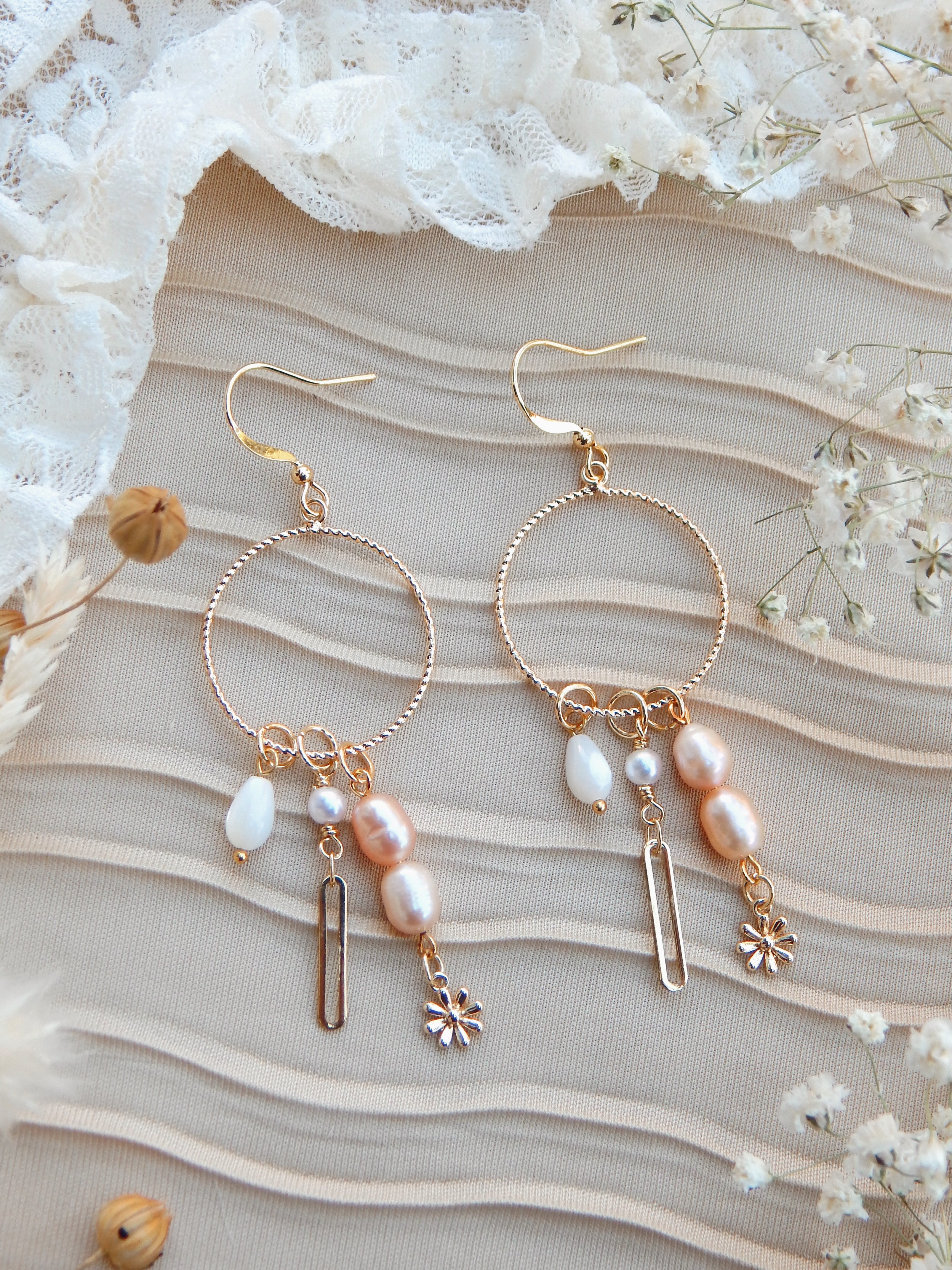 Gold Boho Dangle Earrings – Pink Pearl, Daisy Charm & Chain Drop | One of a Kind Repurposed Statement Jewelry
