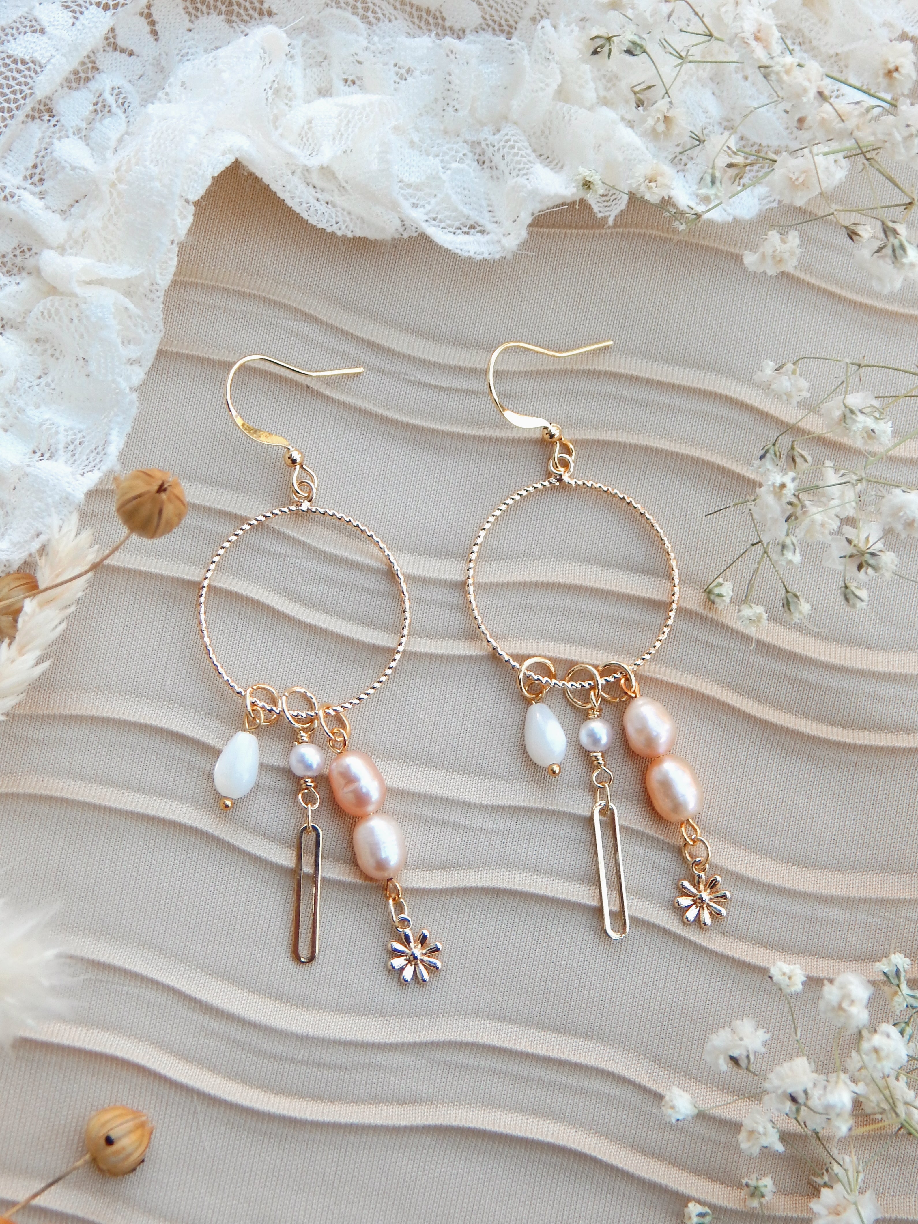 Gold Boho Dangle Earrings – Pink Pearl, Daisy Charm & Chain Drop | One of a Kind Repurposed Statement Jewelry