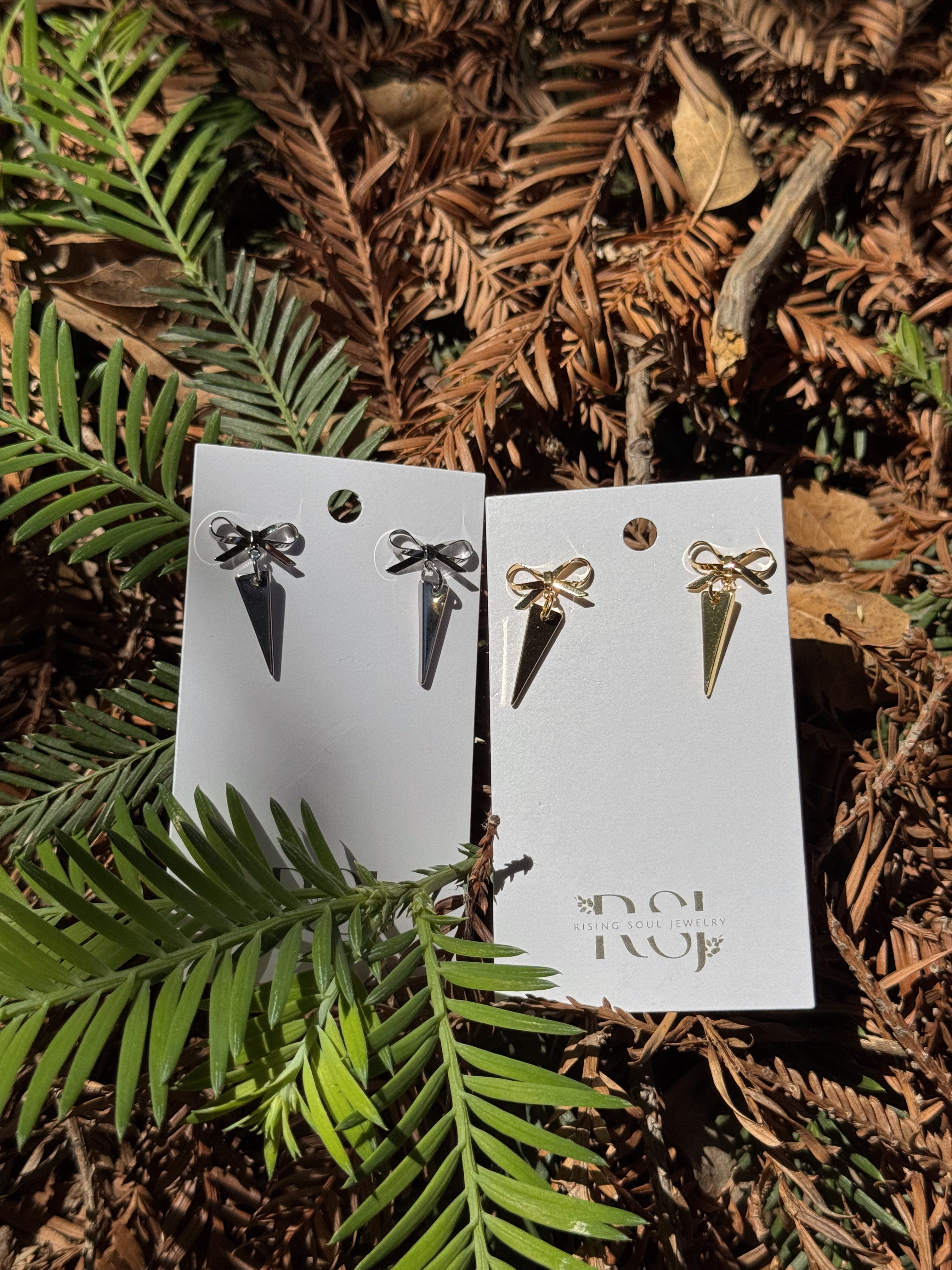 Rebel Rose Earrings – Dainty Bow & Dagger Studs in Gold or Silver