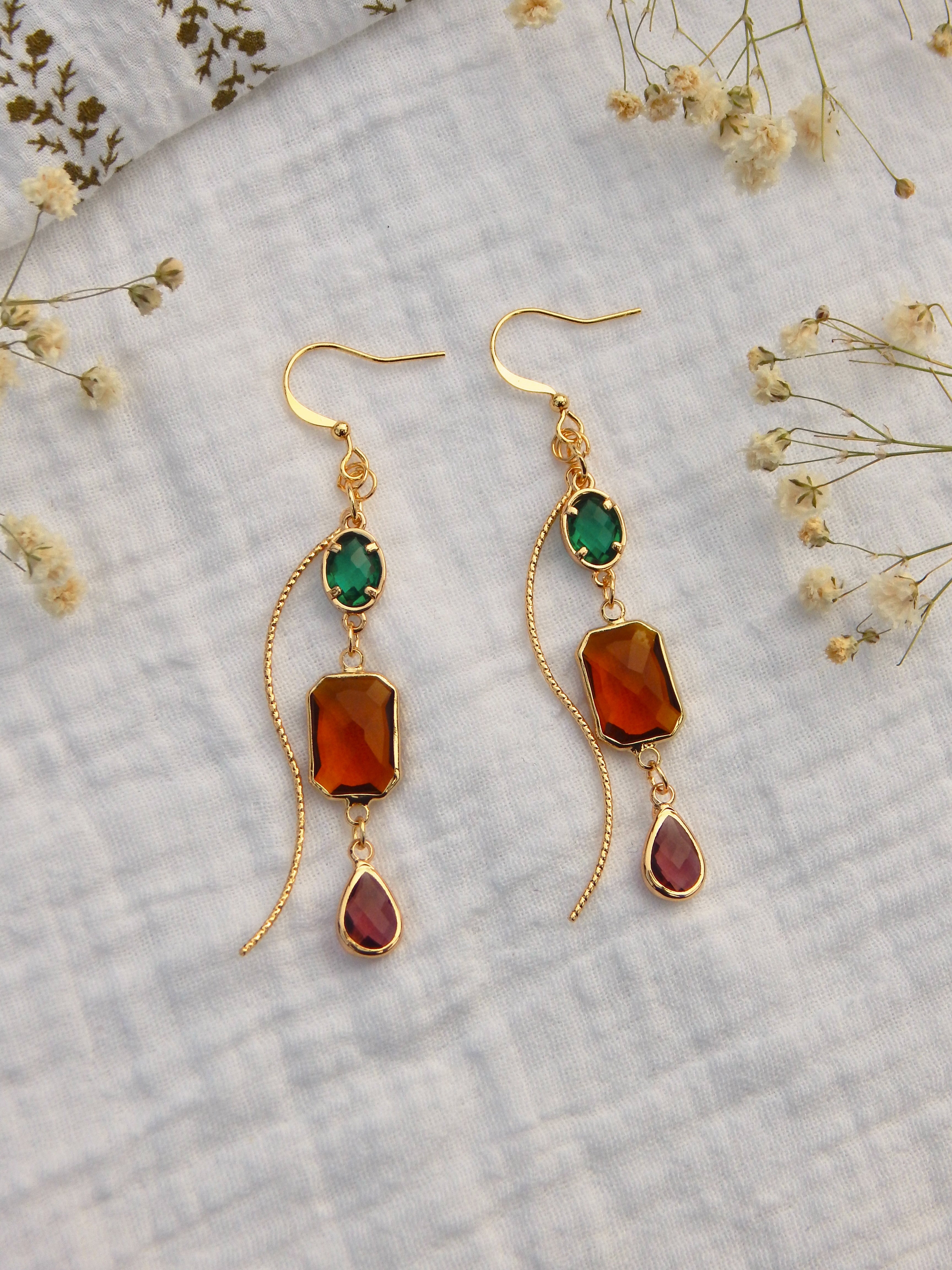 Amber & Emerald Dangle Earrings – Handmade CZ & Hardened Glass Gemstone Jewelry