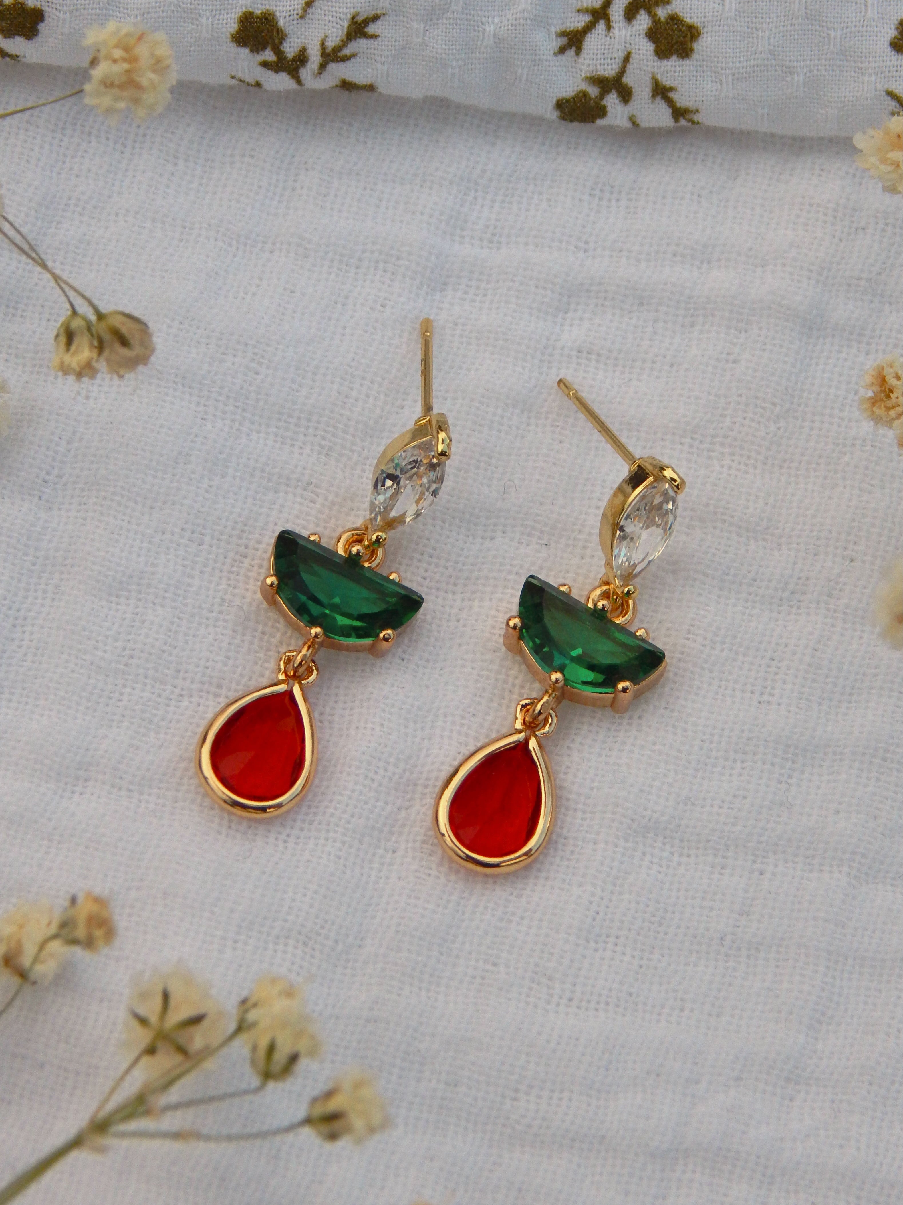 Emerald & Ruby Gem Drop Earrings – Cubic Zirconia Holiday Dangle Earrings