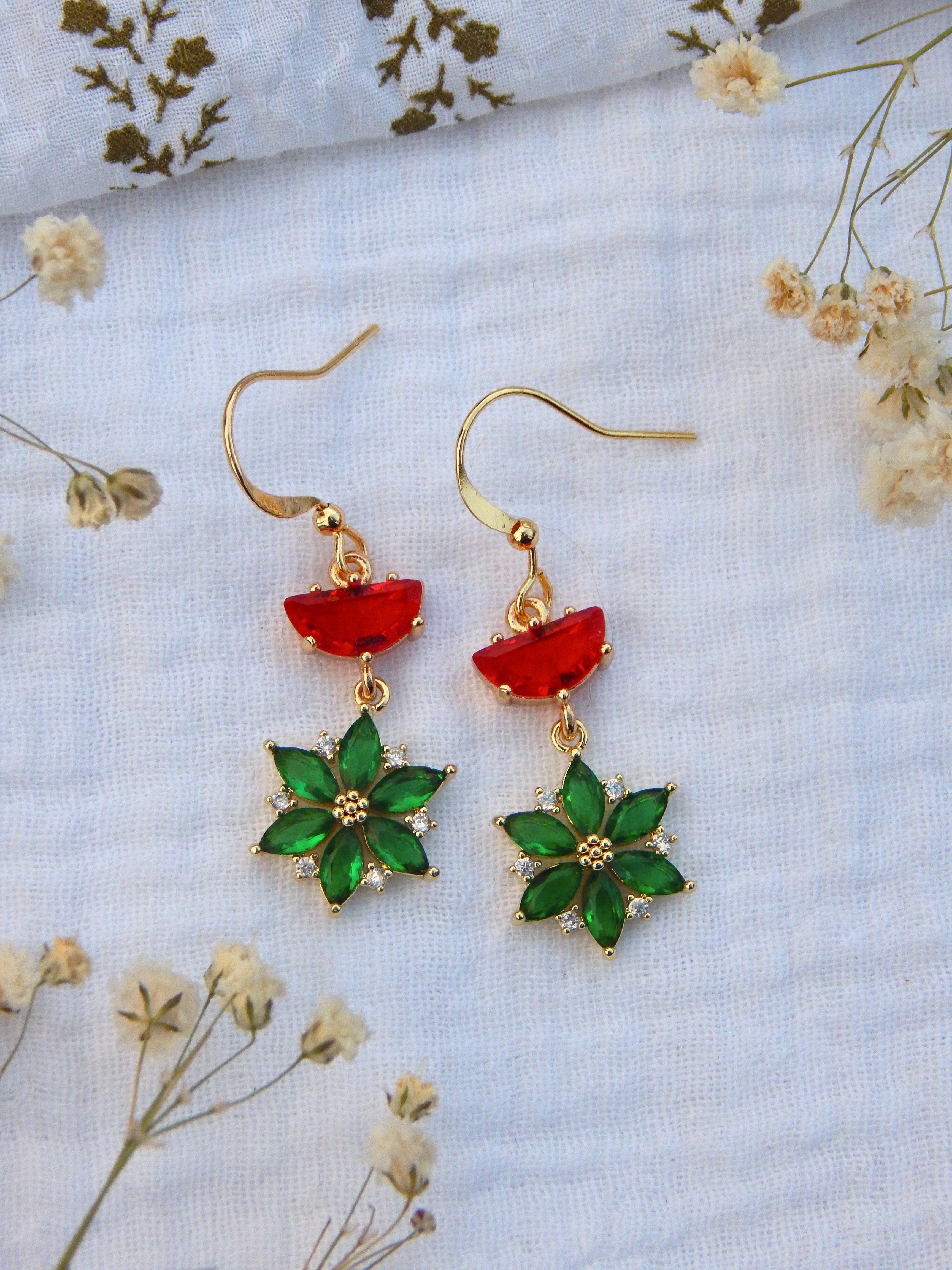 Red & Green Holiday Bloom Earrings – Handmade Lightweight Festive Jewelry