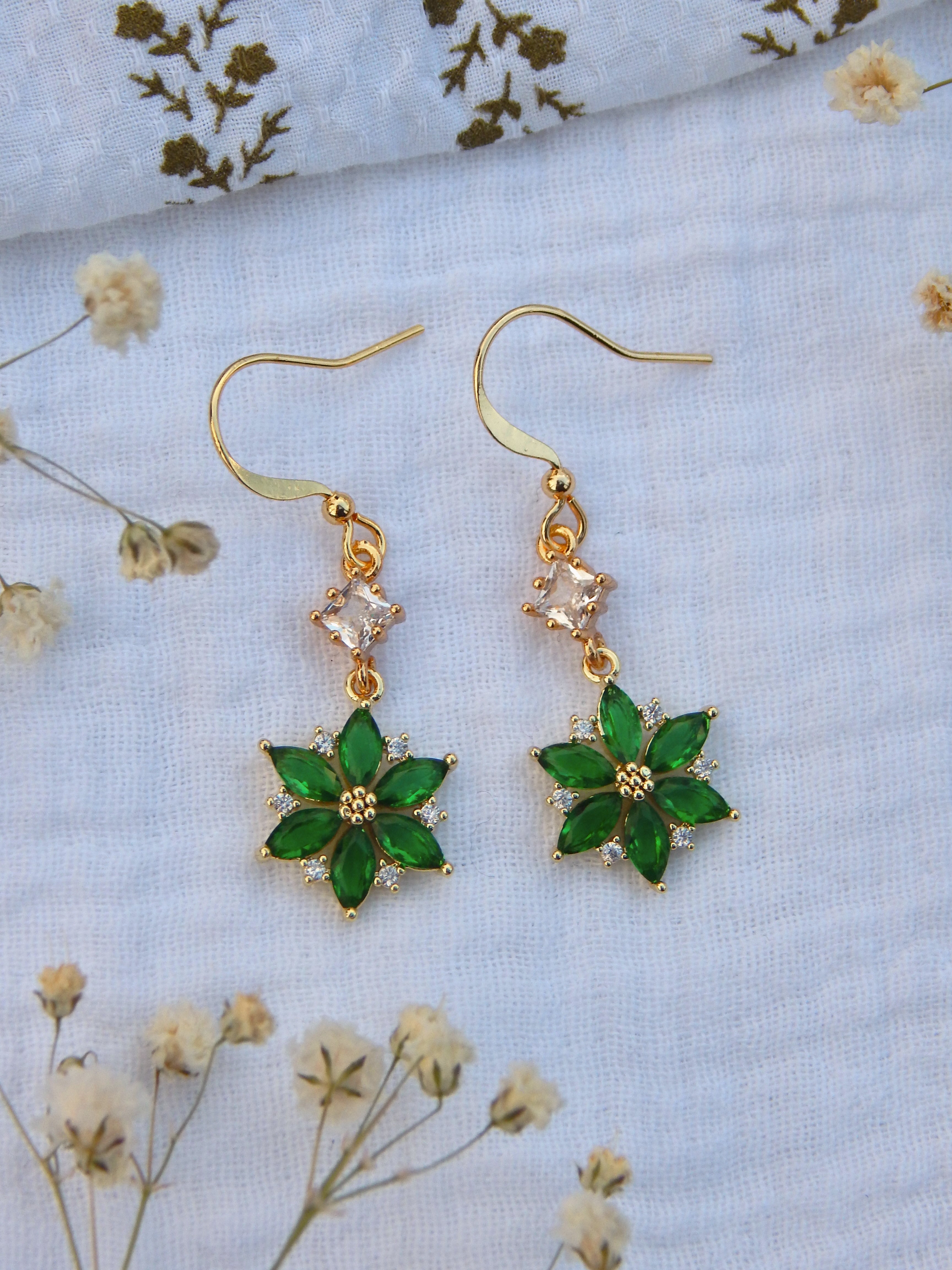 Emerald Star Drop Earrings – Cubic Zirconia Holiday Dangle Earrings