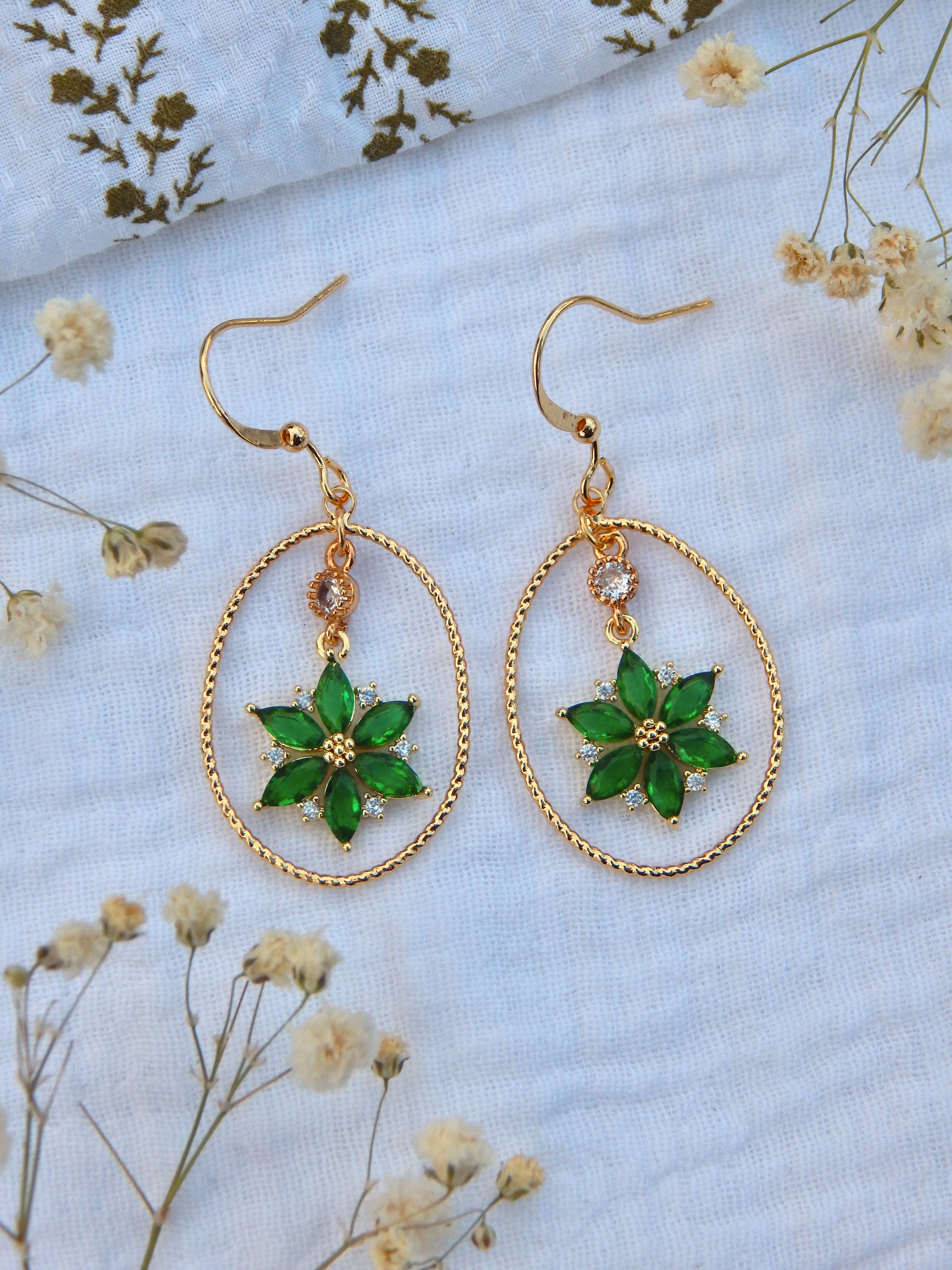 Emerald Bloom Hoop Earrings – Lightweight Handmade Holiday Jewelry