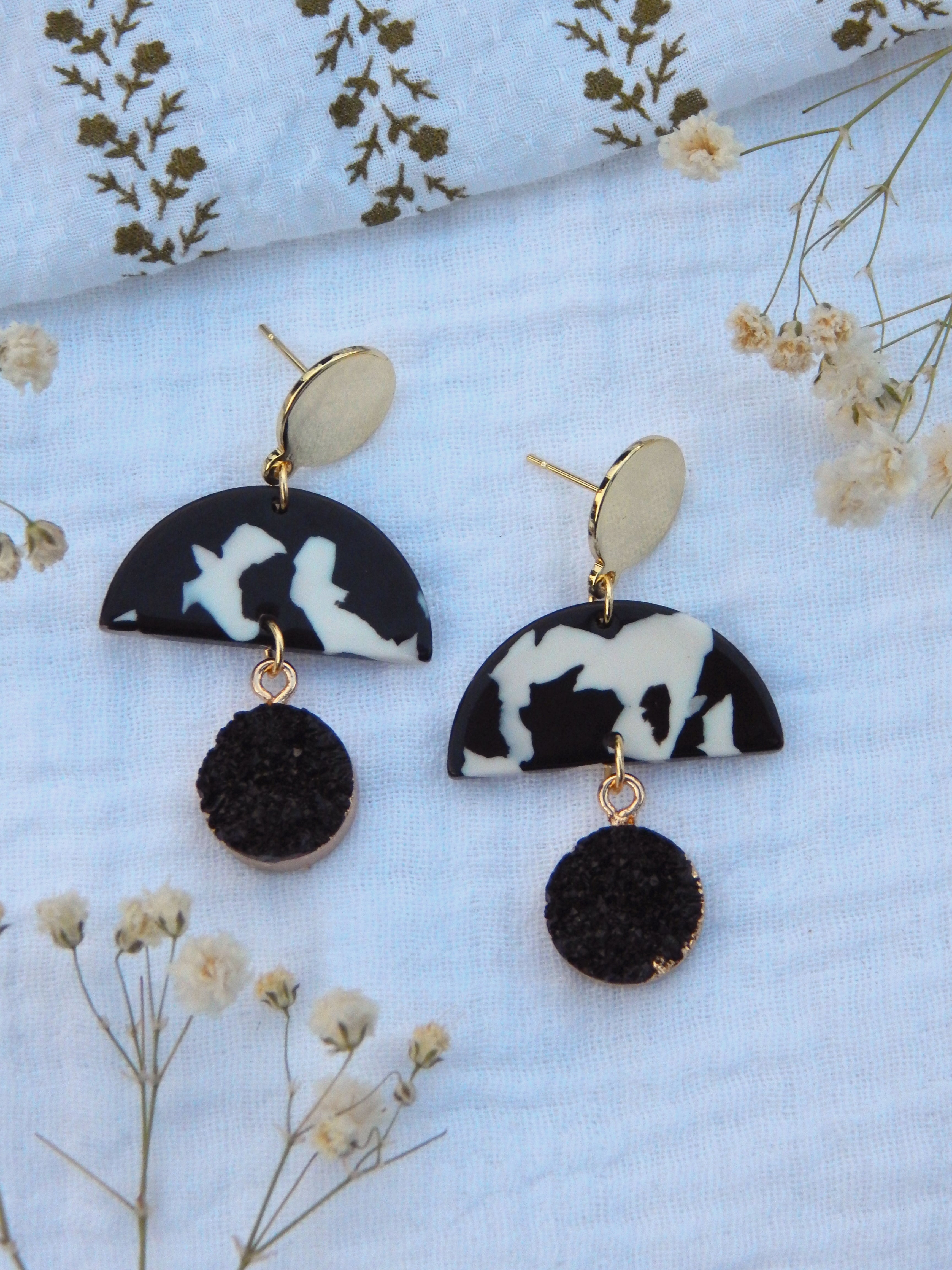 Boho Black & Ivory Gem Drop Earrings – Handmade Lightweight Statement Jewelry