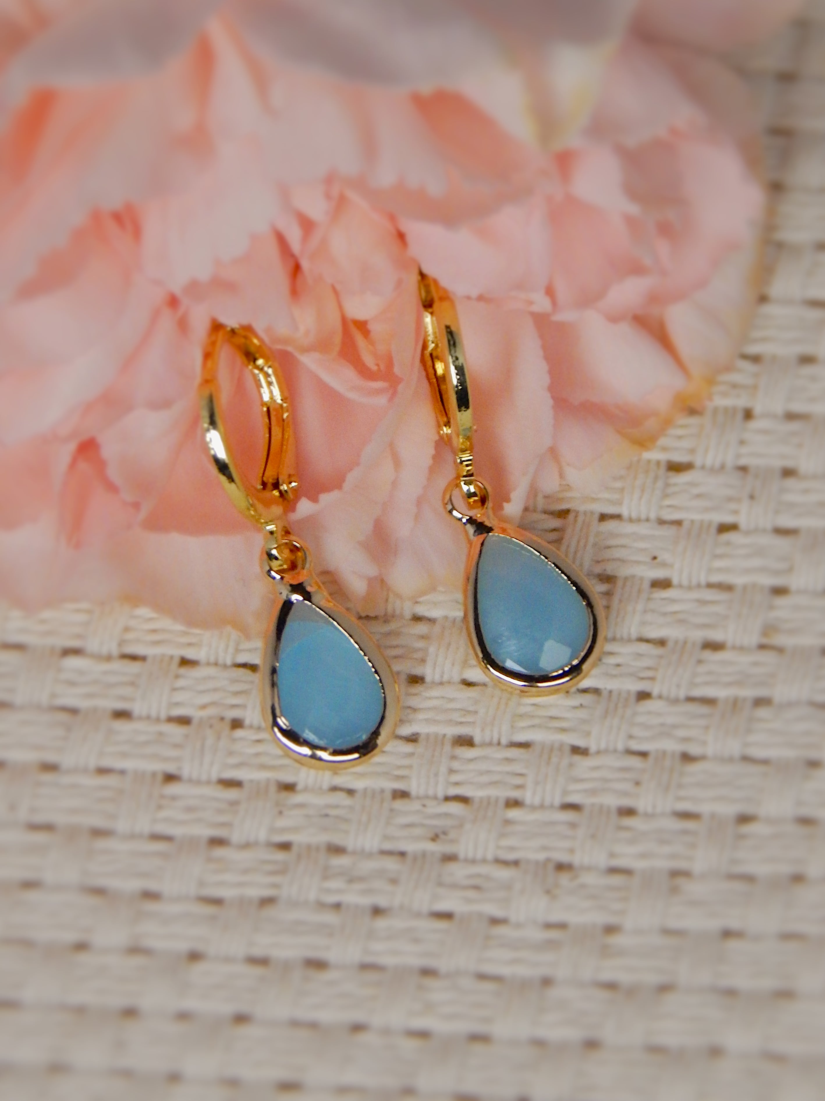 Gold huggie earrings with light blue teardrop gemstone drop, dainty everyday jewelry