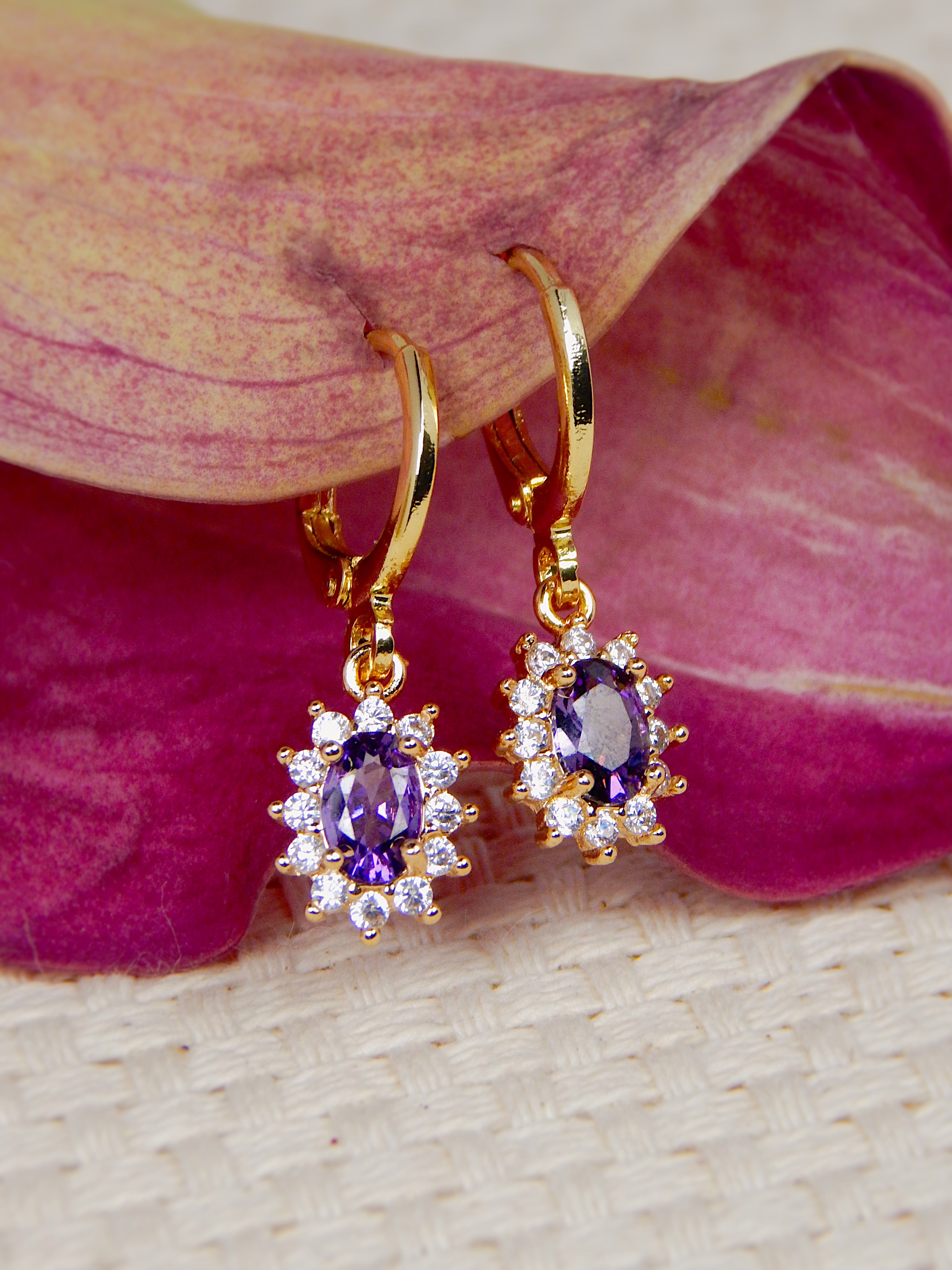 Gold huggie earrings with purple gemstone drop and crystal halo, dainty statement jewelry